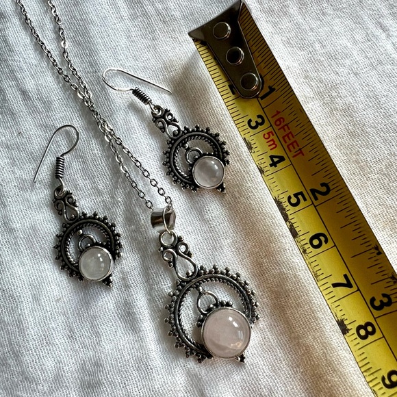 925 Ornamental Rose Quartz Earrings + Necklace SET - Picture 3 of 10